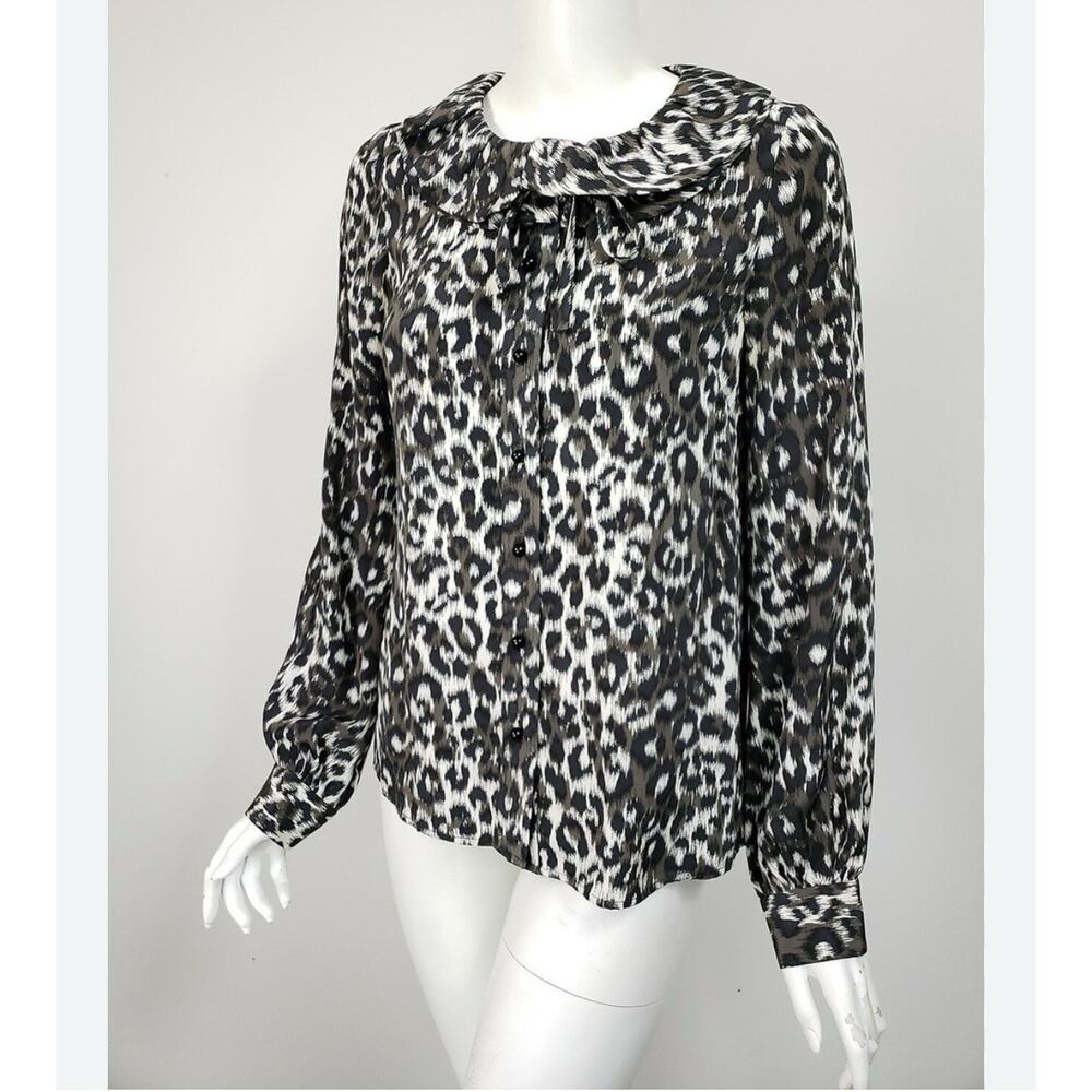 KATE SPADE White Gray Black Cheetah Print Silk Ruffled Tie Neck Button Shirt 4